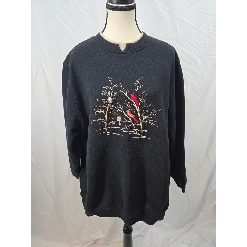 Links Womens Black Cardinal Bird Embroidered Long Sleeve Sweatshirt Top 2X